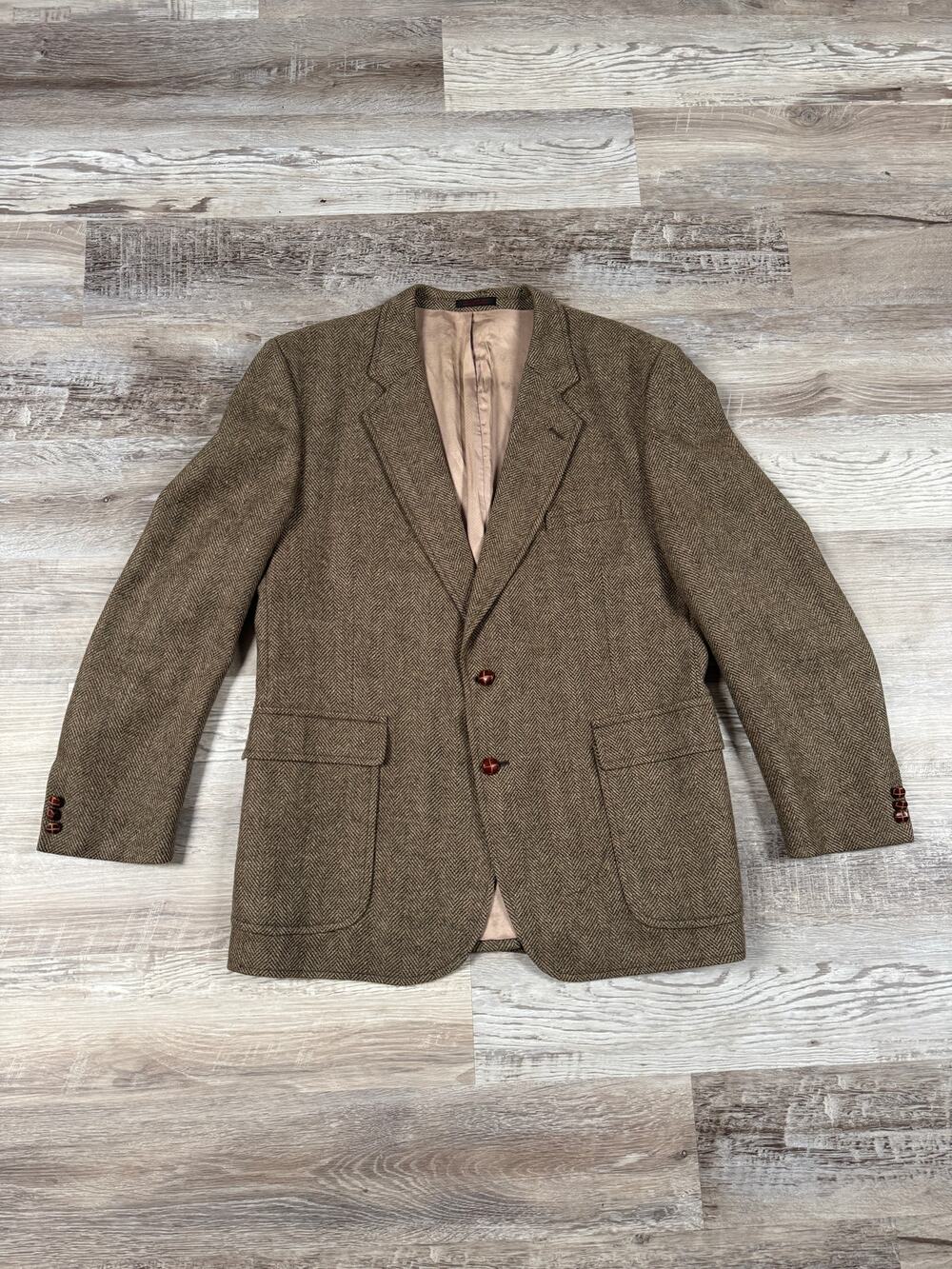 Vintage 90s English Manor Wool Herringbone Blazer Sport Coat Brown Men's Size 44